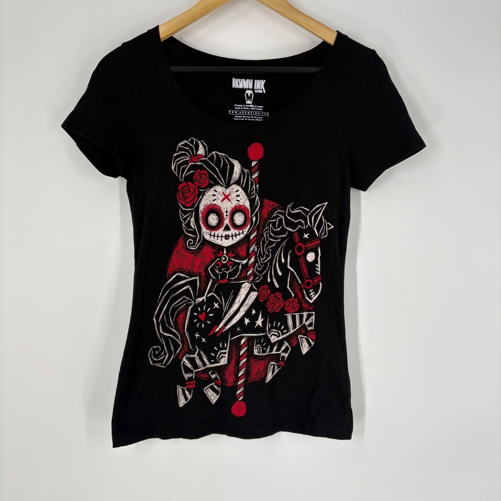 Akumu Ink Womens Black Carousel Skeleton Graphic Tee Size M Scoop Neck Cotton
